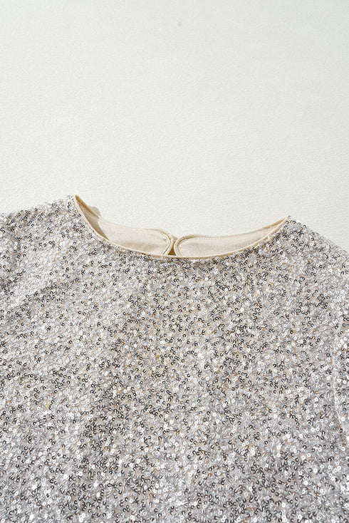 All Over Sequin Puff Sleeve Open Back Blouse