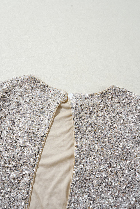 All Over Sequin Puff Sleeve Open Back Blouse