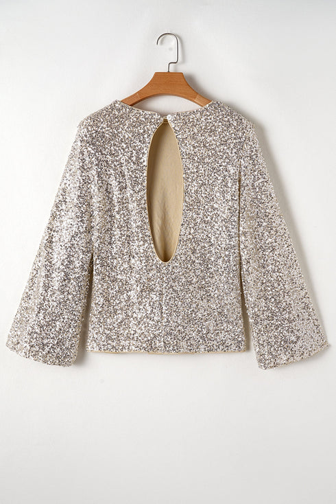 All Over Sequin Puff Sleeve Open Back Blouse