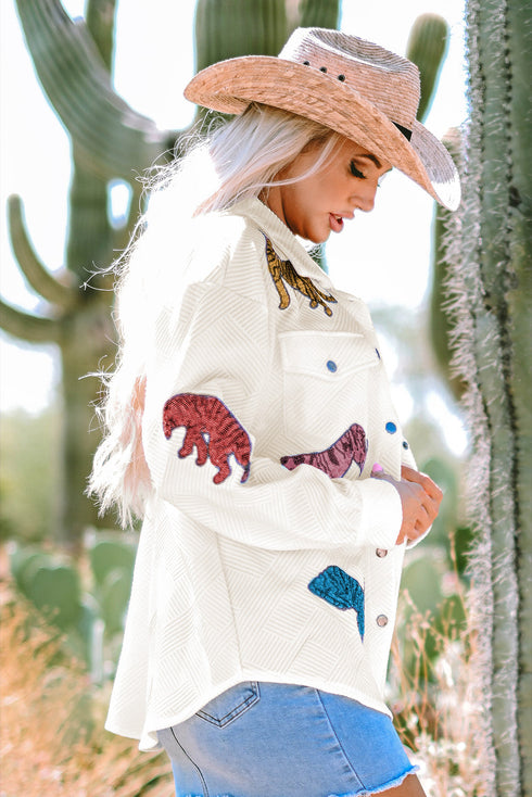 All Over Sequined Animal Print Textured Shirt Jacket