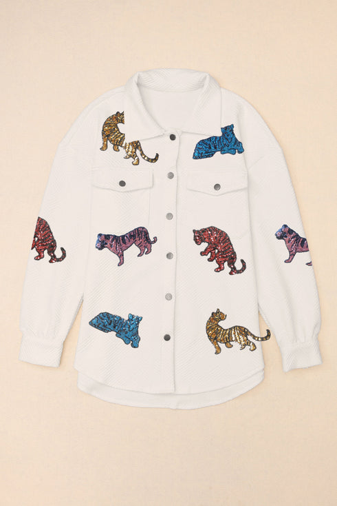 All Over Sequined Animal Print Textured Shirt Jacket