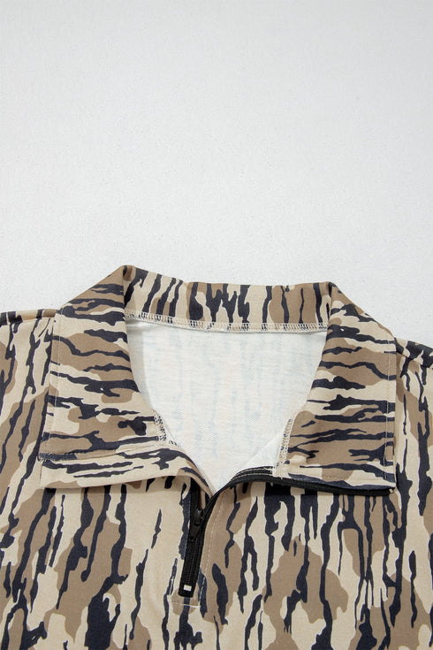 Allover Camo Zipper Collar Front Pocket Pullover Sweatshirt