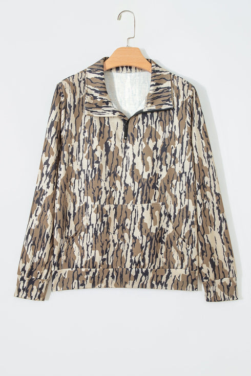 Allover Camo Zipper Collar Front Pocket Pullover Sweatshirt