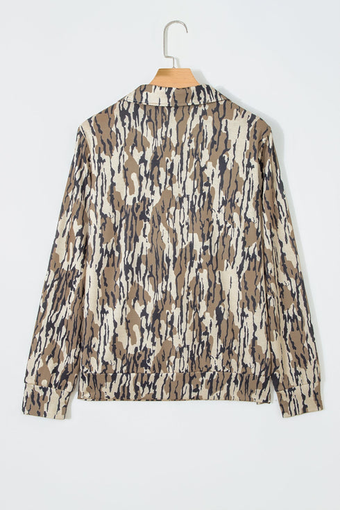 Allover Camo Zipper Collar Front Pocket Pullover Sweatshirt