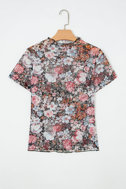 Allover Floral Print Sheer Mesh Short Sleeve Top