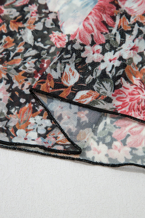 Allover Floral Print Sheer Mesh Short Sleeve Top