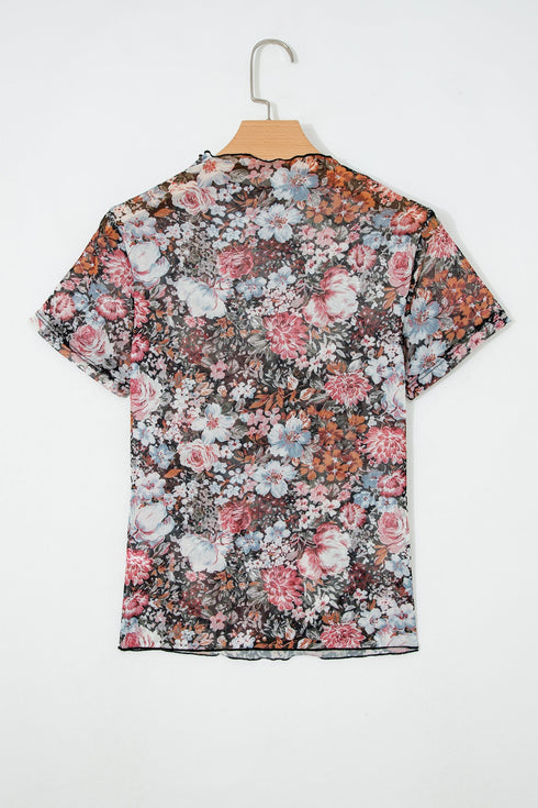 Allover Floral Print Sheer Mesh Short Sleeve Top
