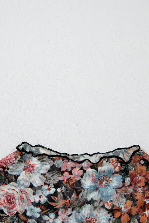 Allover Floral Print Sheer Mesh Short Sleeve Top