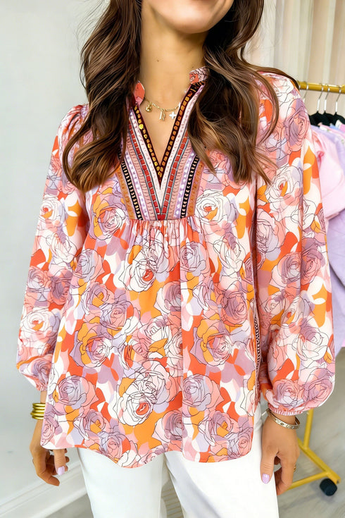 Allover Floral Print Southern V Neck Long Sleeve Shift Blouse