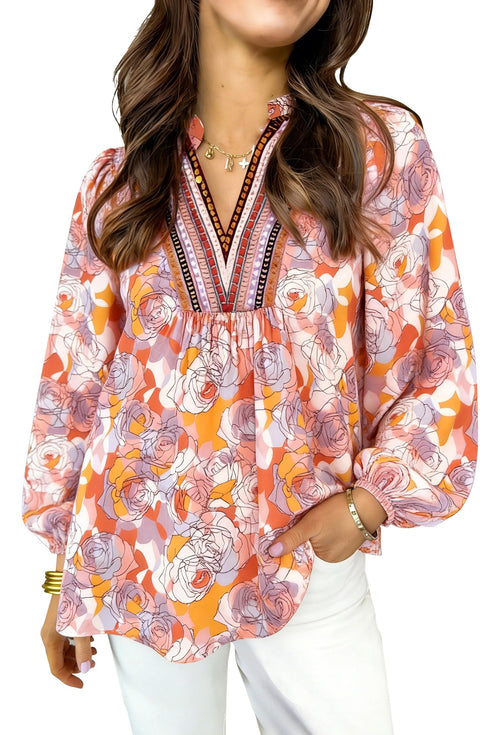 Allover Floral Print Southern V Neck Long Sleeve Shift Blouse