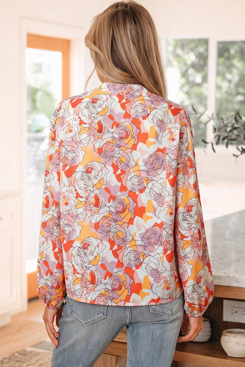 Allover Floral Print Southern V Neck Long Sleeve Shift Blouse