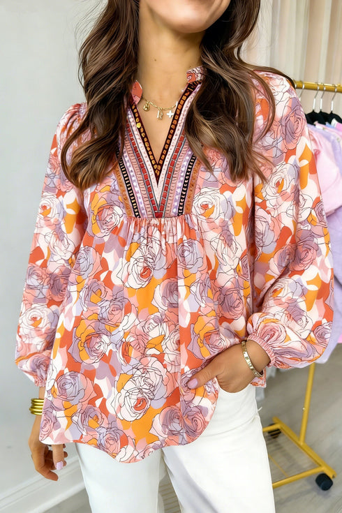 Allover Floral Print Southern V Neck Long Sleeve Shift Blouse