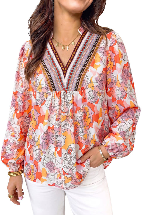Allover Floral Print Southern V Neck Long Sleeve Shift Blouse