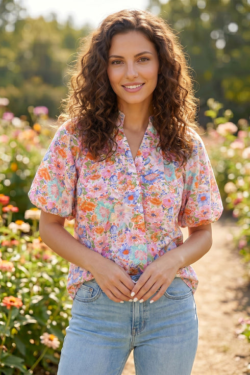 Allover Floral Print Southern V Neck Short Sleeve Shift Blouse