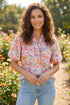 Allover Floral Print Southern V Neck Short Sleeve Shift Blouse