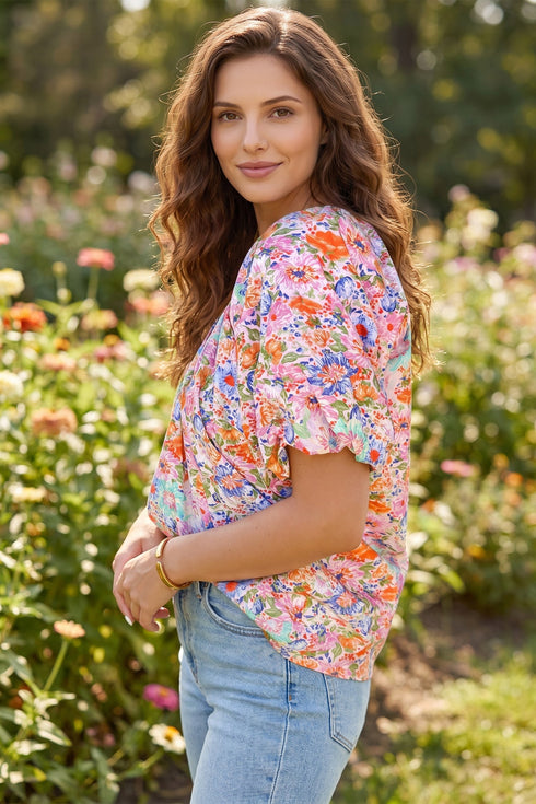 Allover Floral Print Southern V Neck Short Sleeve Shift Blouse