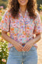 Allover Floral Print Southern V Neck Short Sleeve Shift Blouse