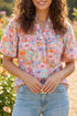 Allover Floral Print Southern V Neck Short Sleeve Shift Blouse