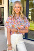 Allover Floral Print Southern V Neck Short Sleeve Shift Blouse