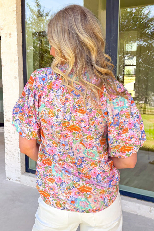 Allover Floral Print Southern V Neck Short Sleeve Shift Blouse