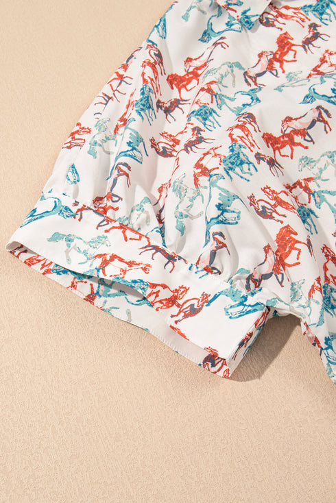 Allover Galloping Horse Print Western Split Neck Blouse