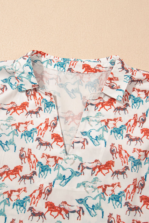 Allover Galloping Horse Print Western Split Neck Blouse