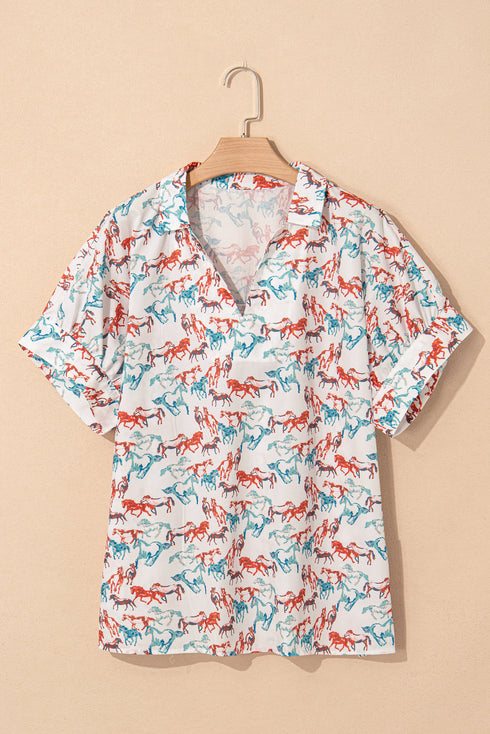 Allover Galloping Horse Print Western Split Neck Blouse