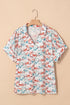 Allover Galloping Horse Print Western Split Neck Blouse