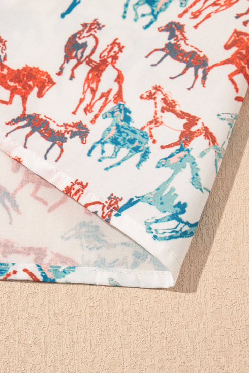 Allover Galloping Horse Print Western Split Neck Blouse