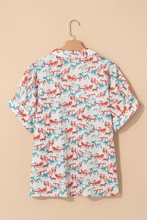 Allover Galloping Horse Print Western Split Neck Blouse