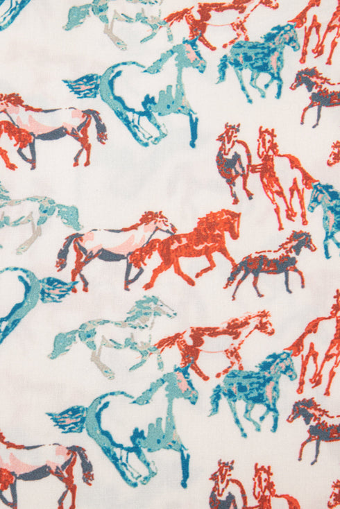 Allover Galloping Horse Print Western Split Neck Blouse
