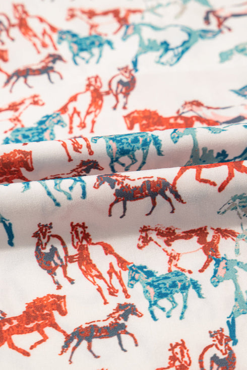 Allover Galloping Horse Print Western Split Neck Blouse