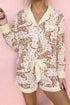 Allover Leopard Print Pocket Placket Long Sleeve Lounge Set