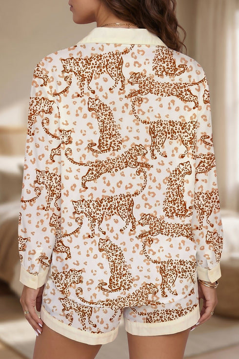 Allover Leopard Print Pocket Placket Long Sleeve Lounge Set