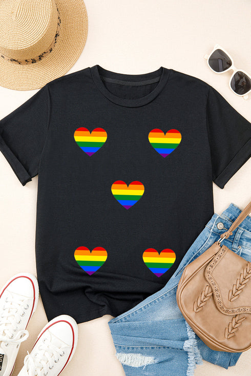 Allover Rainbow Pride Hearts Graphic Print Short Sleeve Celebration Tee