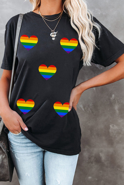 Allover Rainbow Pride Hearts Graphic Print Short Sleeve Celebration Tee