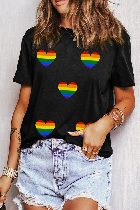 Allover Rainbow Pride Hearts Graphic Print Short Sleeve Celebration Tee