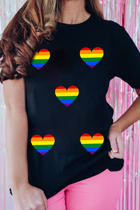 Allover Rainbow Pride Hearts Graphic Print Short Sleeve Celebration Tee