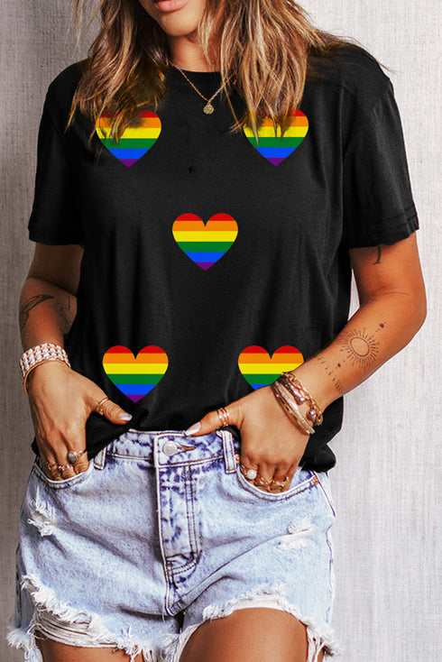 Allover Rainbow Pride Hearts Graphic Print Short Sleeve Celebration Tee
