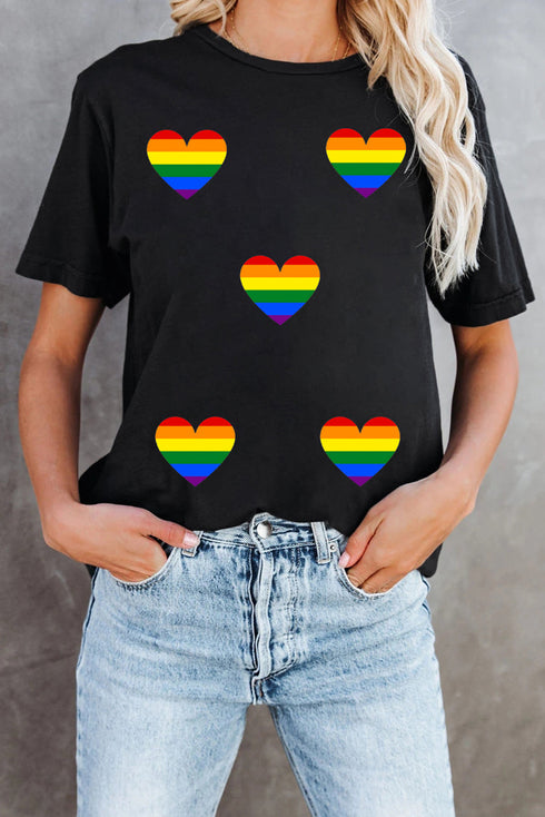 Allover Rainbow Pride Hearts Graphic Print Short Sleeve Celebration Tee
