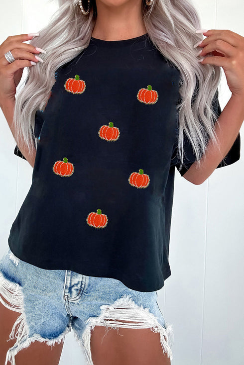 Allover Textured Chenille Pumpkin Patch Short Sleeve Halloween Tee