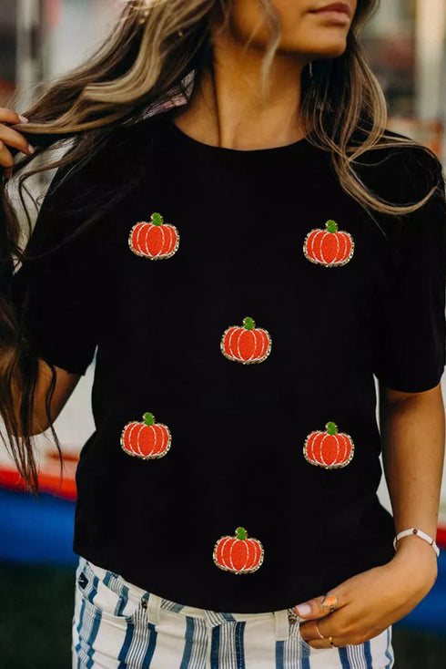 Allover Textured Chenille Pumpkin Patch Short Sleeve Halloween Tee