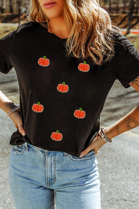 Allover Textured Chenille Pumpkin Patch Short Sleeve Halloween Tee