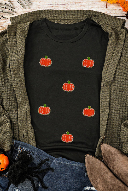 Allover Textured Chenille Pumpkin Patch Short Sleeve Halloween Tee