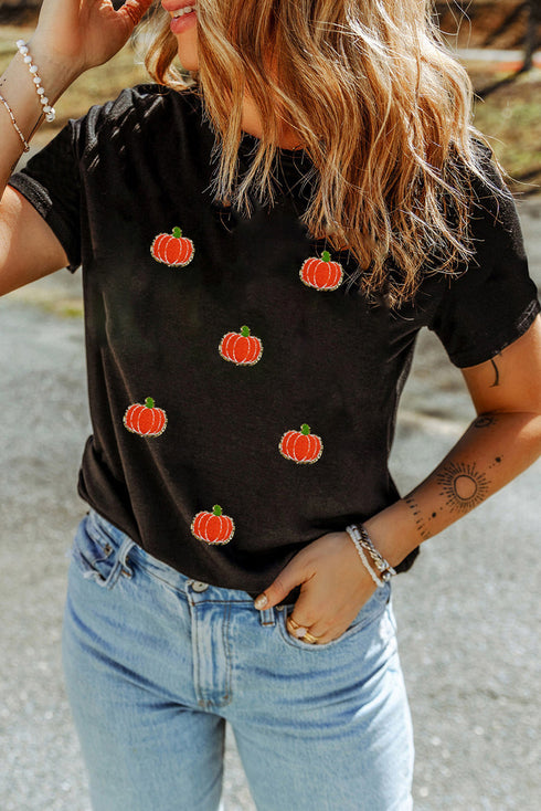 Allover Textured Chenille Pumpkin Patch Short Sleeve Halloween Tee