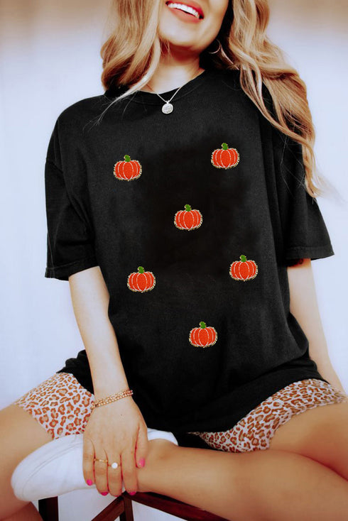 Allover Textured Chenille Pumpkin Patch Short Sleeve Halloween Tee