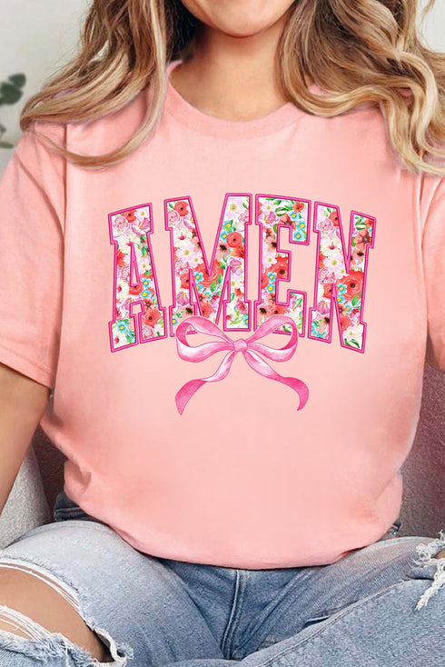 Amen Floral Letter Graphic Bow Detail Short Sleeve T-Shirt