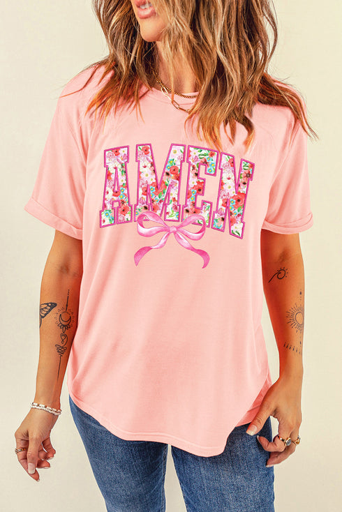 Amen Floral Letter Graphic Bow Detail Short Sleeve T-Shirt