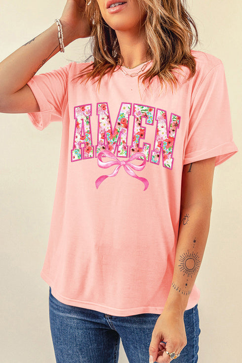 Amen Floral Letter Graphic Bow Detail Short Sleeve T-Shirt