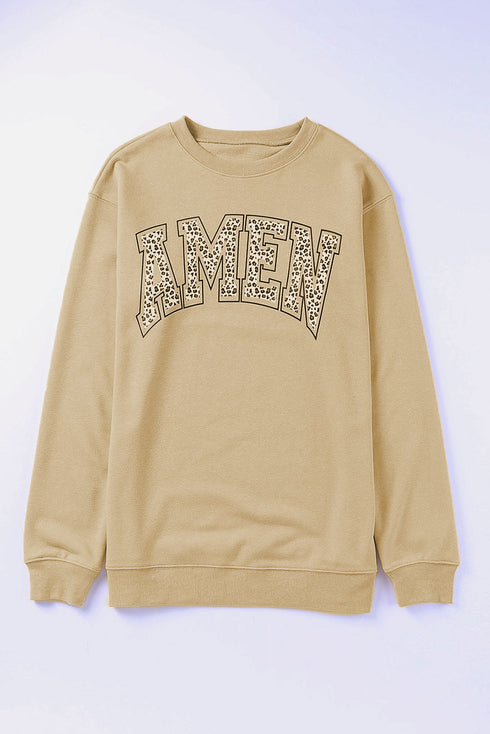 Amen Leopard Letter Print Oversized Pullover Sweatshirt